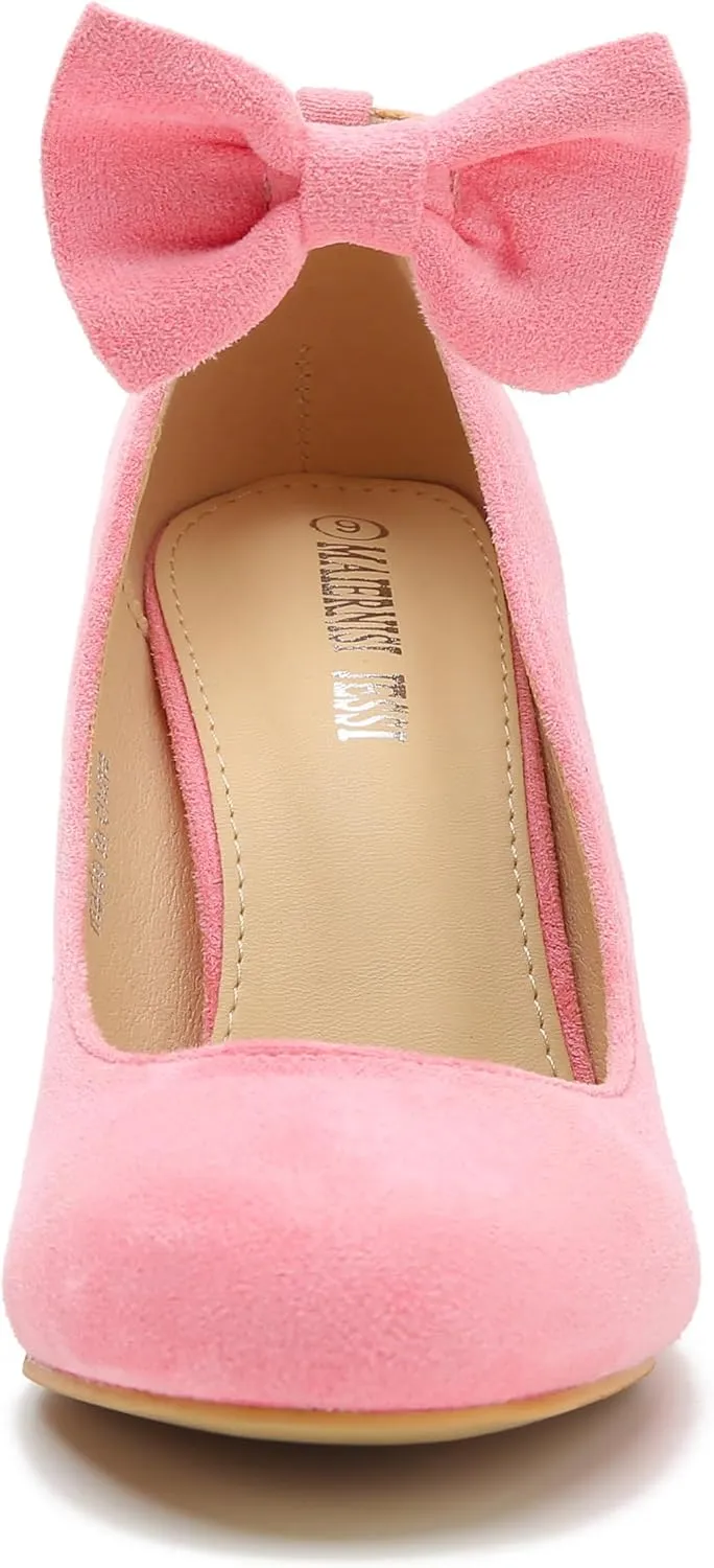 MAIERNISI JESSI Women's Bow Ankle Strap Pumps Block Heel Round Closed Toe Mary Jane Dress Shoes