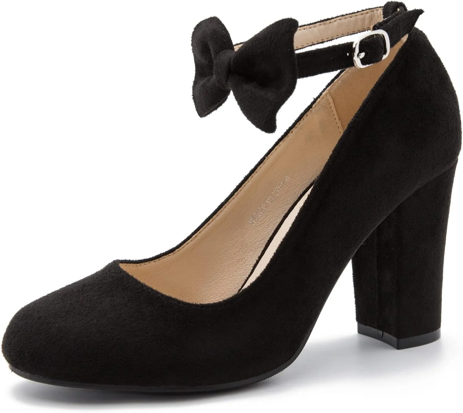 MAIERNISI JESSI Women's Bow Ankle Strap Pumps Block Heel Round Closed Toe Mary Jane Dress Shoes