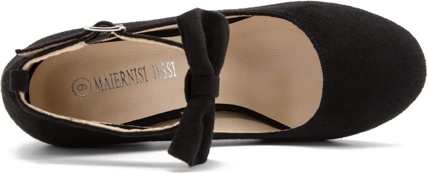 MAIERNISI JESSI Women's Bow Ankle Strap Pumps Block Heel Round Closed Toe Mary Jane Dress Shoes