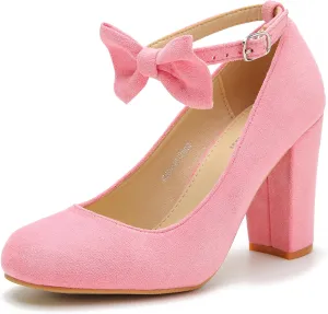 MAIERNISI JESSI Women's Bow Ankle Strap Pumps Block Heel Round Closed Toe Mary Jane Dress Shoes