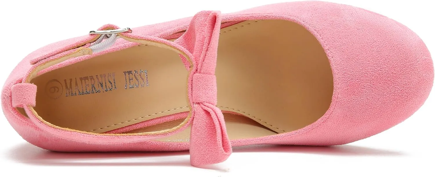 MAIERNISI JESSI Women's Bow Ankle Strap Pumps Block Heel Round Closed Toe Mary Jane Dress Shoes