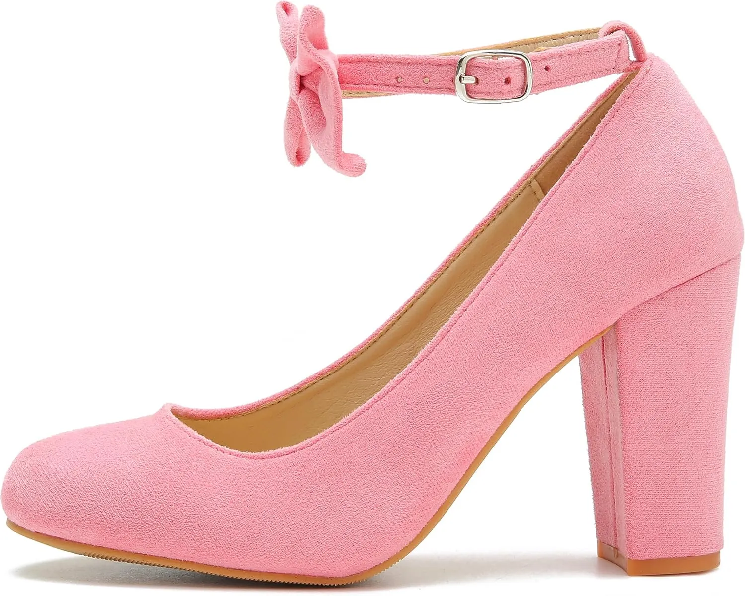 MAIERNISI JESSI Women's Bow Ankle Strap Pumps Block Heel Round Closed Toe Mary Jane Dress Shoes