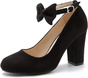 MAIERNISI JESSI Women's Bow Ankle Strap Pumps Block Heel Round Closed Toe Mary Jane Dress Shoes