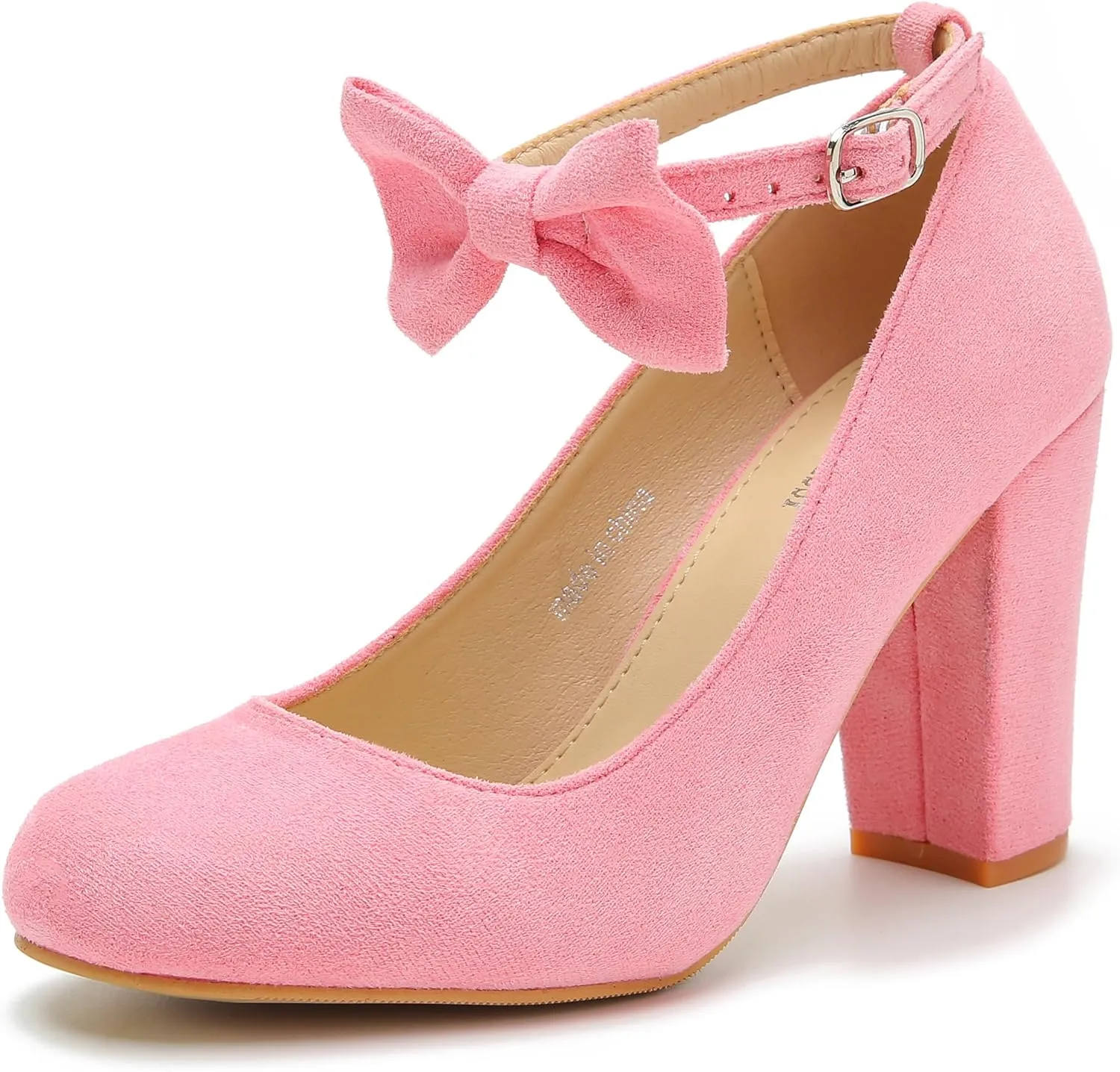 MAIERNISI JESSI Women's Bow Ankle Strap Pumps Block Heel Round Closed Toe Mary Jane Dress Shoes
