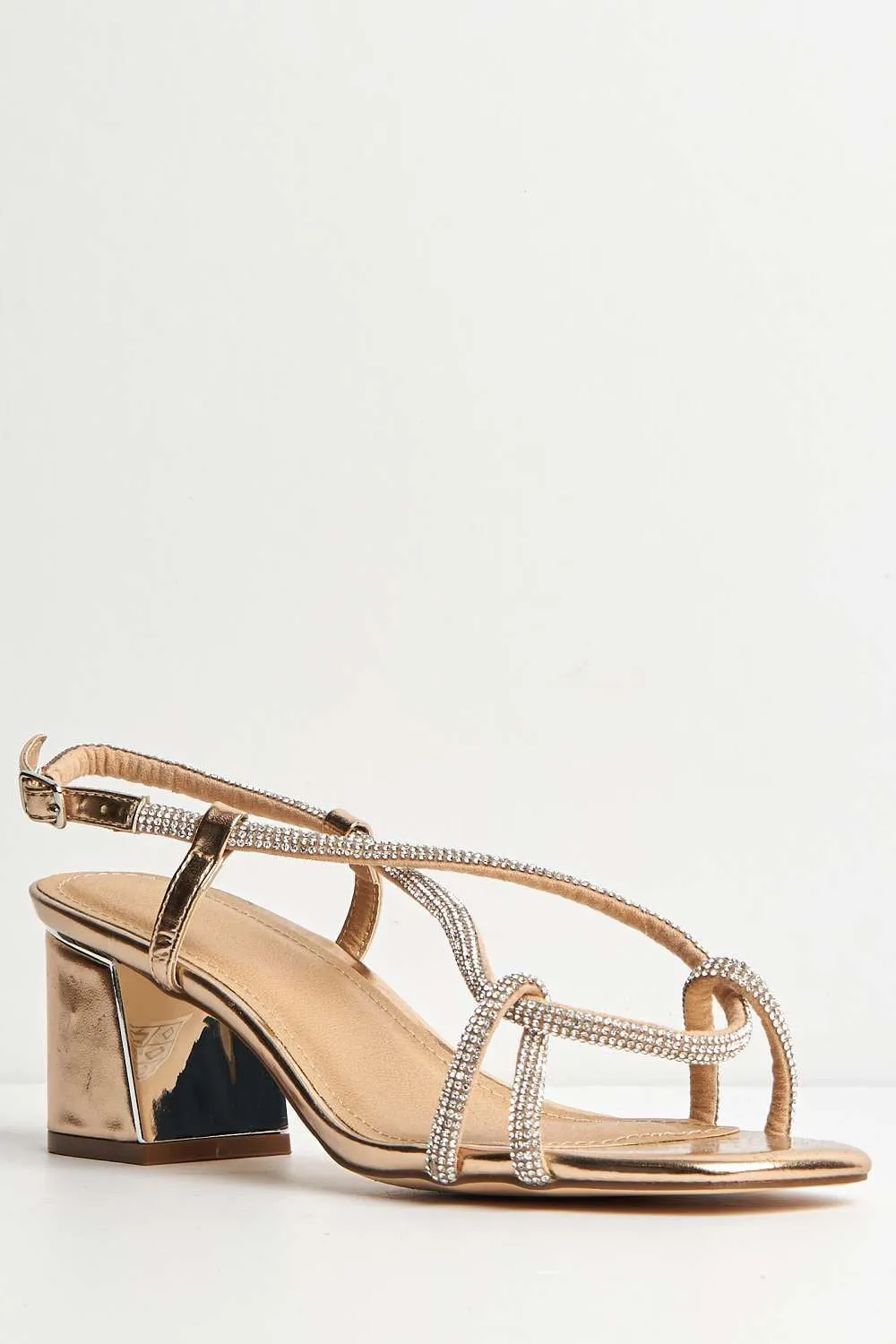 Melodi Diamante Embellished Wide Fit Block Heel Sandals in Rose Gold