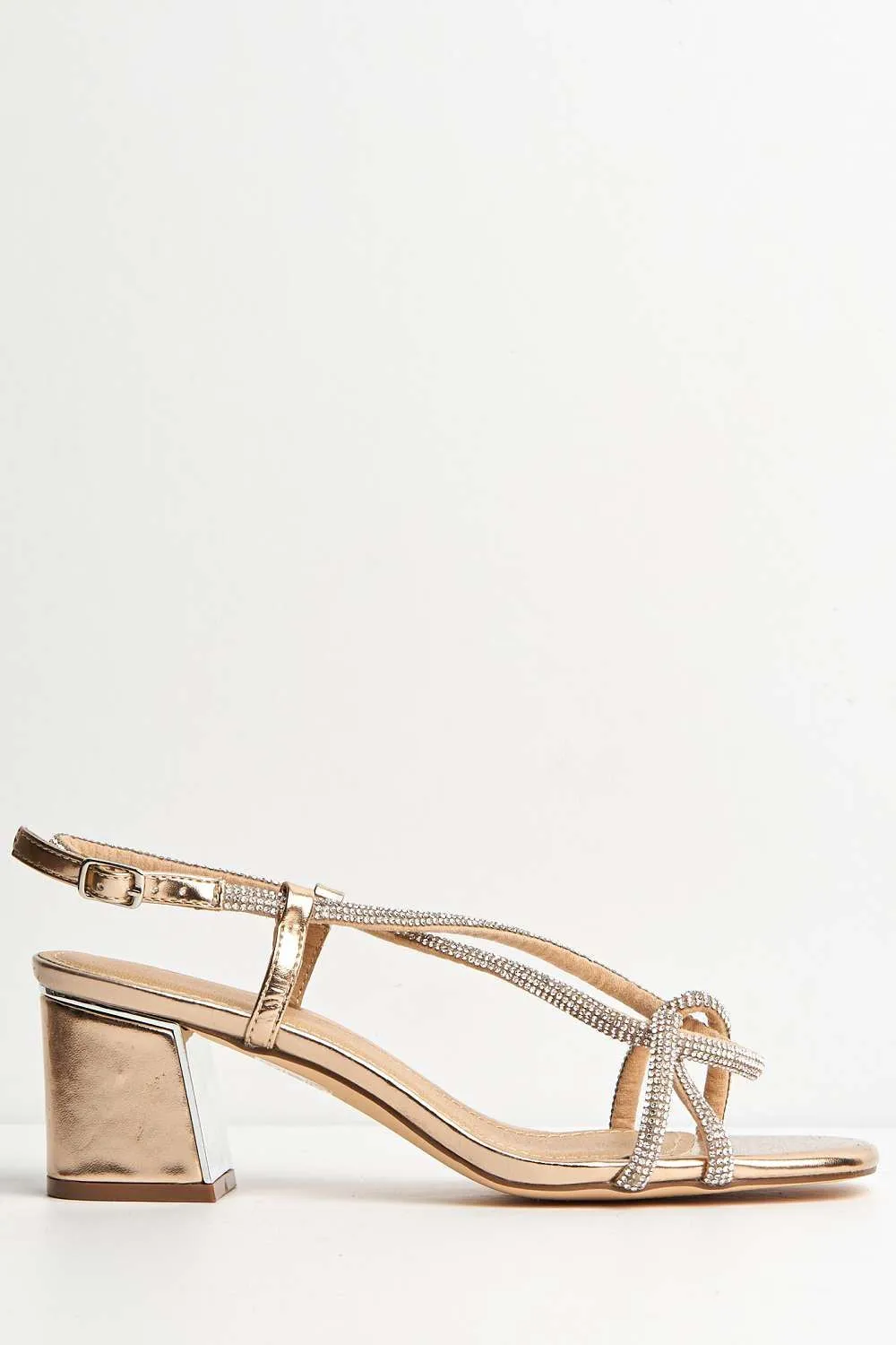 Melodi Diamante Embellished Wide Fit Block Heel Sandals in Rose Gold