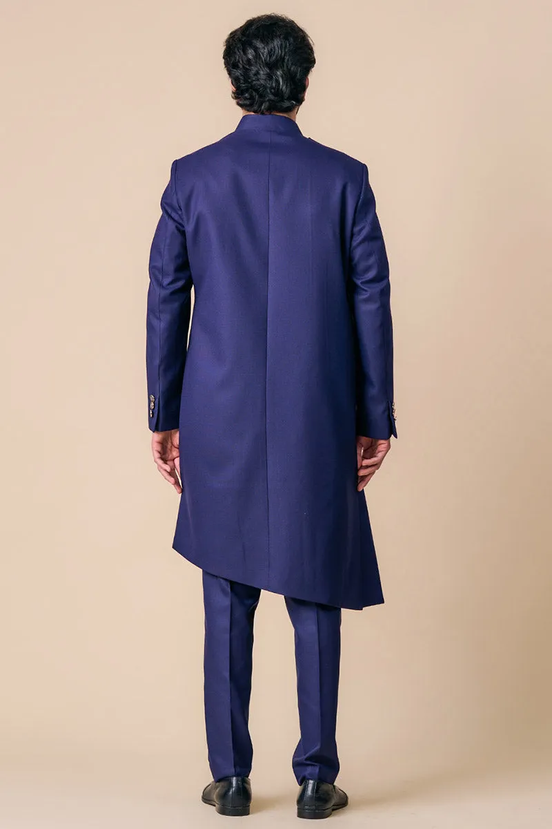 Navy Asymmetric Indo Western With Embroidered Crest