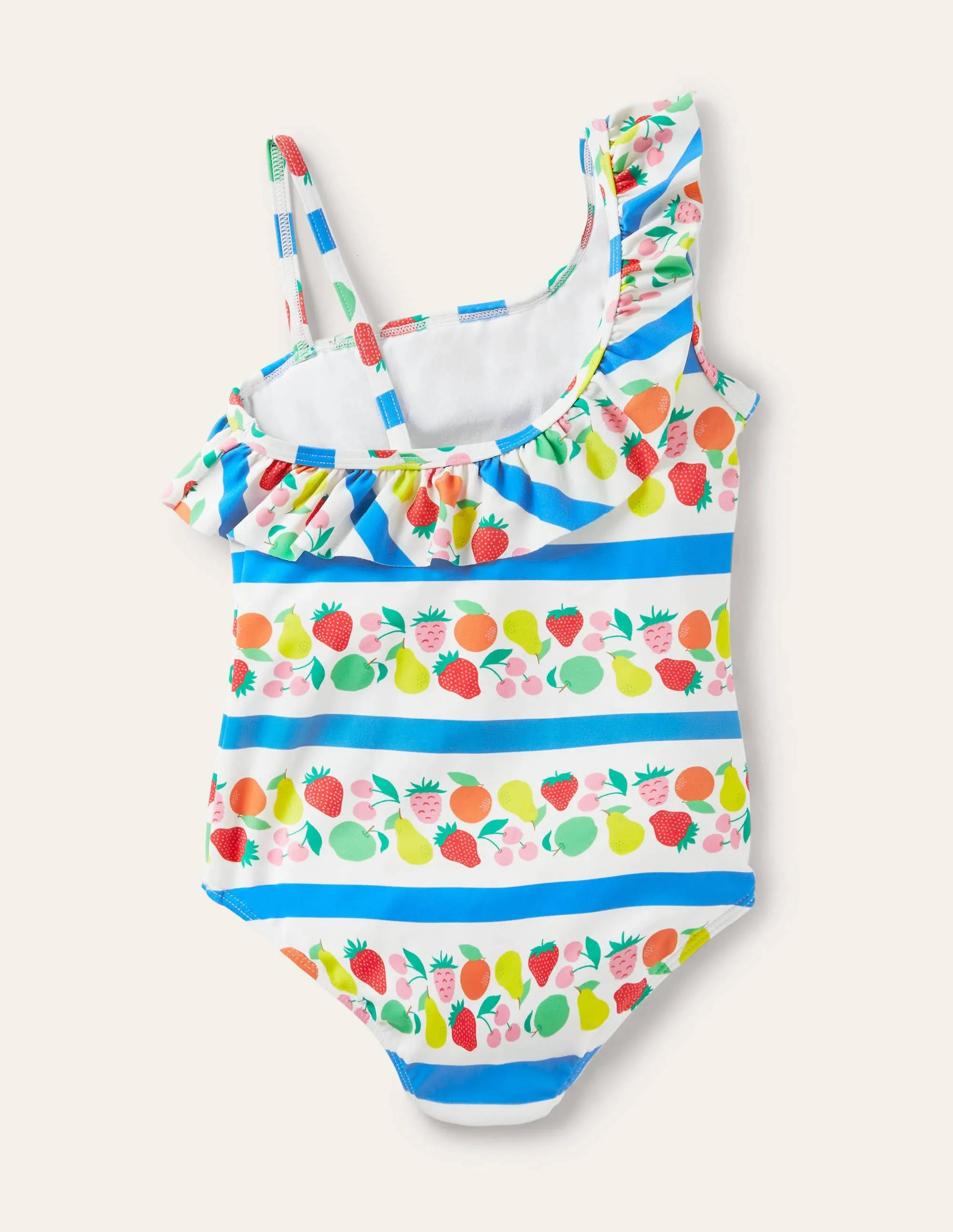 One Shoulder Frill Swimsuit-Multi Fruit Stripe
