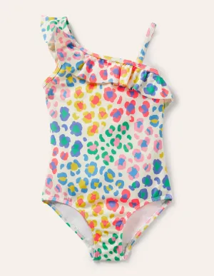 One Shoulder Frill Swimsuit-Multi Leopard Print