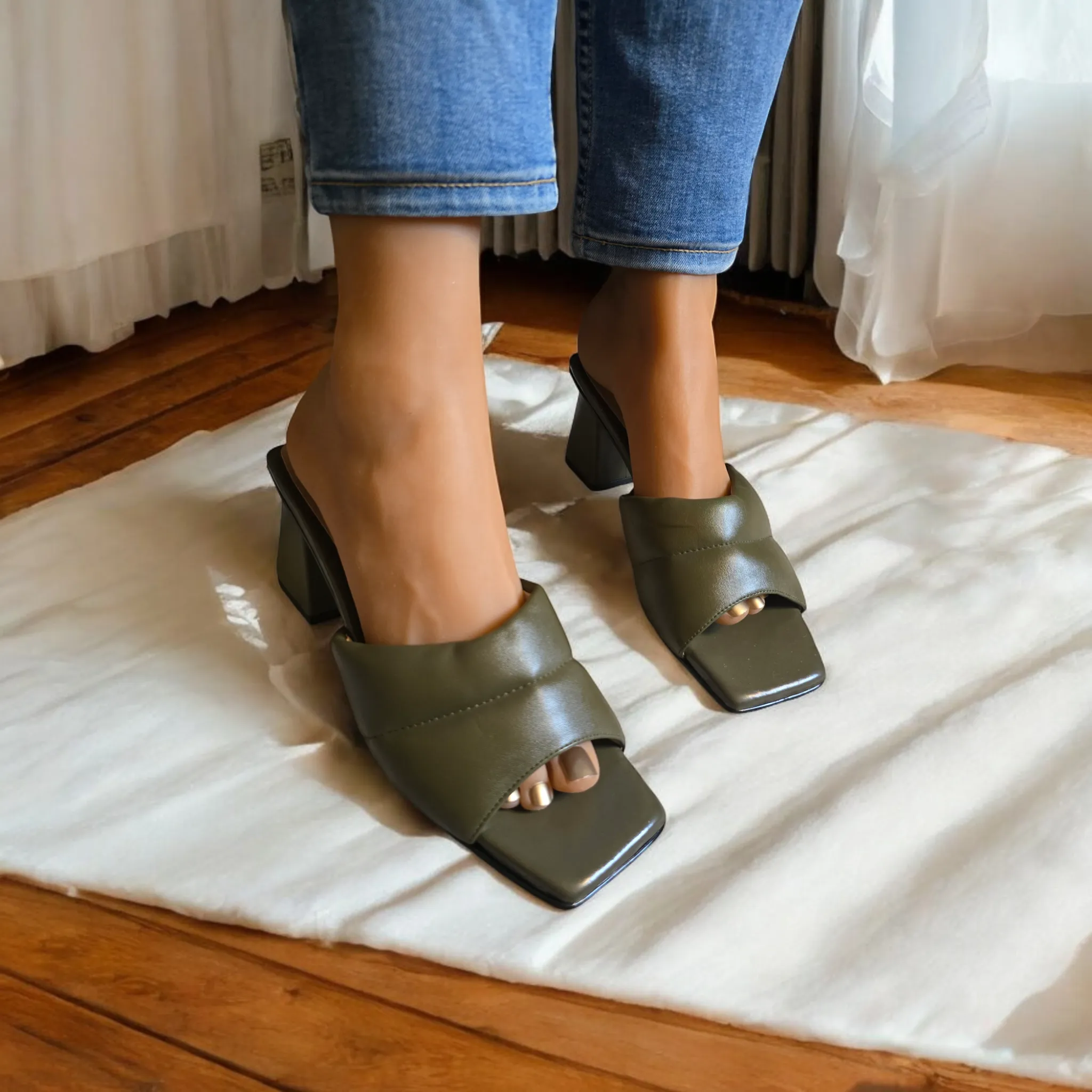 Padded Strap Square-Toe Mules