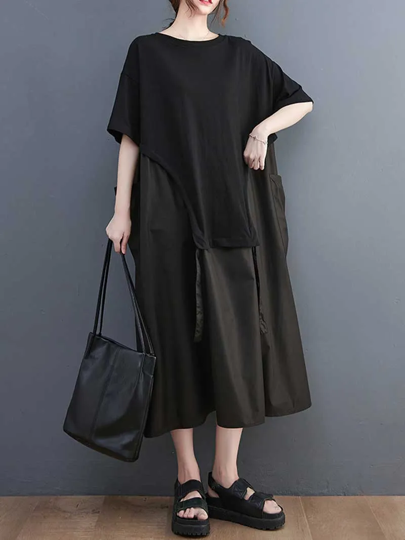 Plain Cotton Short Sleeve Pocket Style Midi Dress