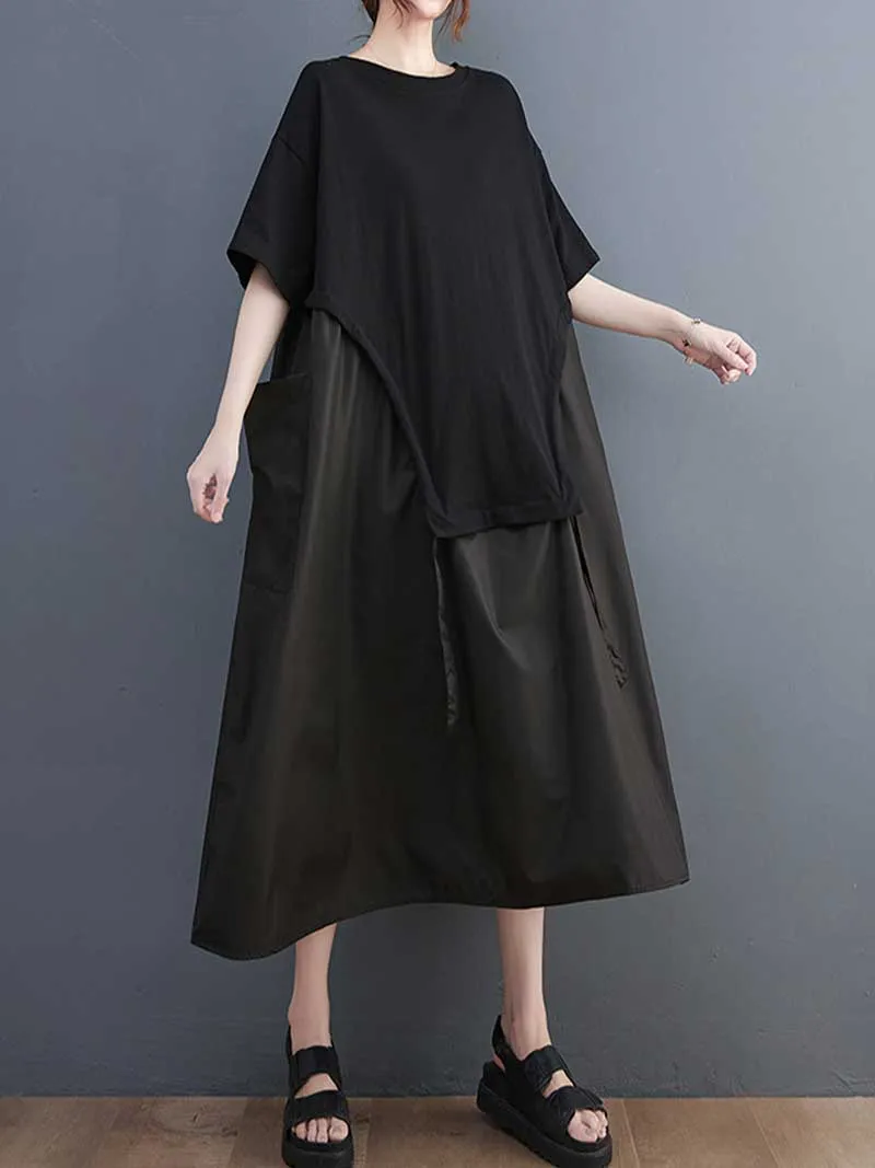 Plain Cotton Short Sleeve Pocket Style Midi Dress