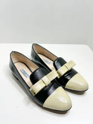 PRADA Saffiano Leather Bow Two-Color Loafers, Size 38