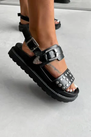 RECALL Chunky Studded Western Buckle Sandals - Black/Silver