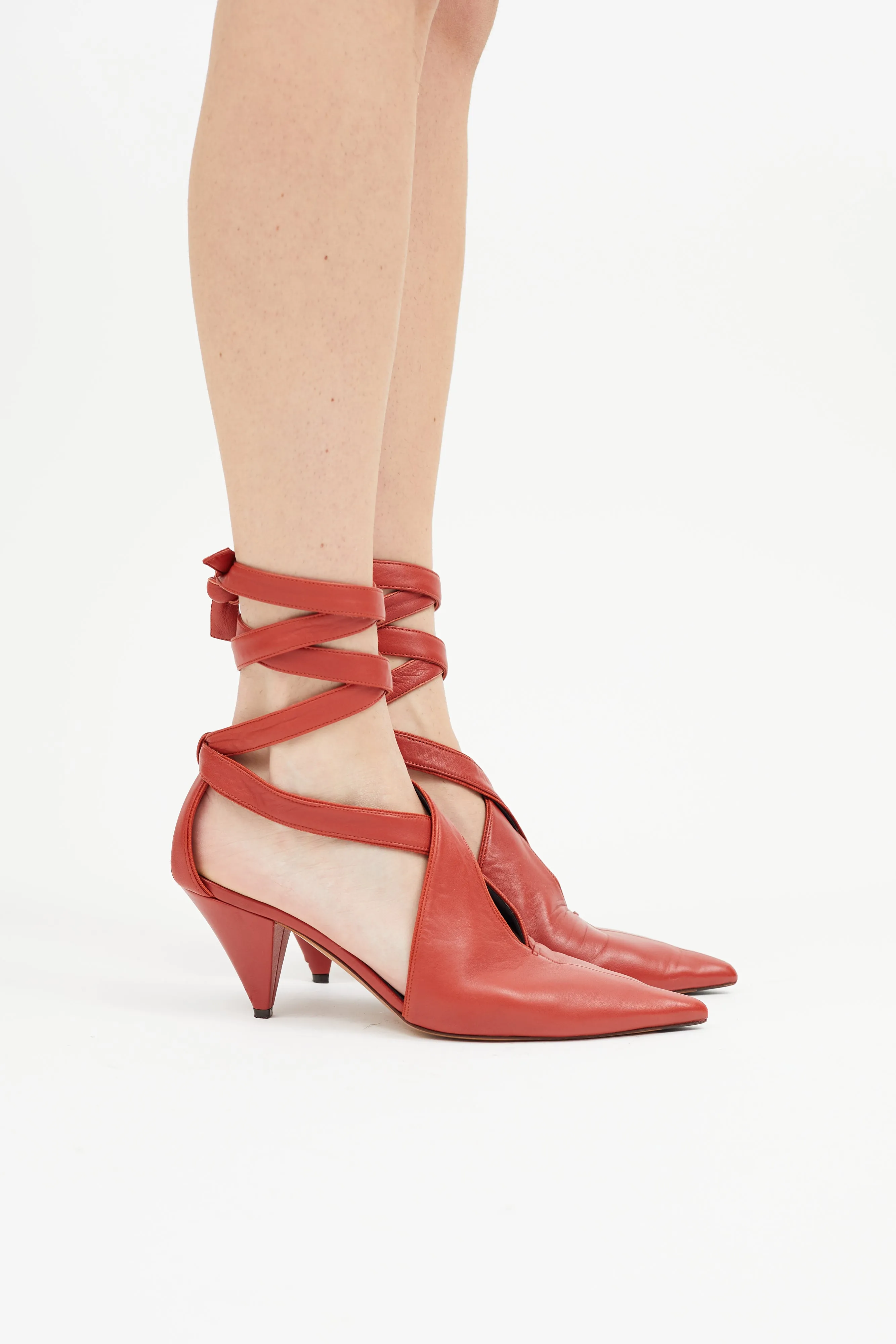 Red Leather Lace Up Heel Pump