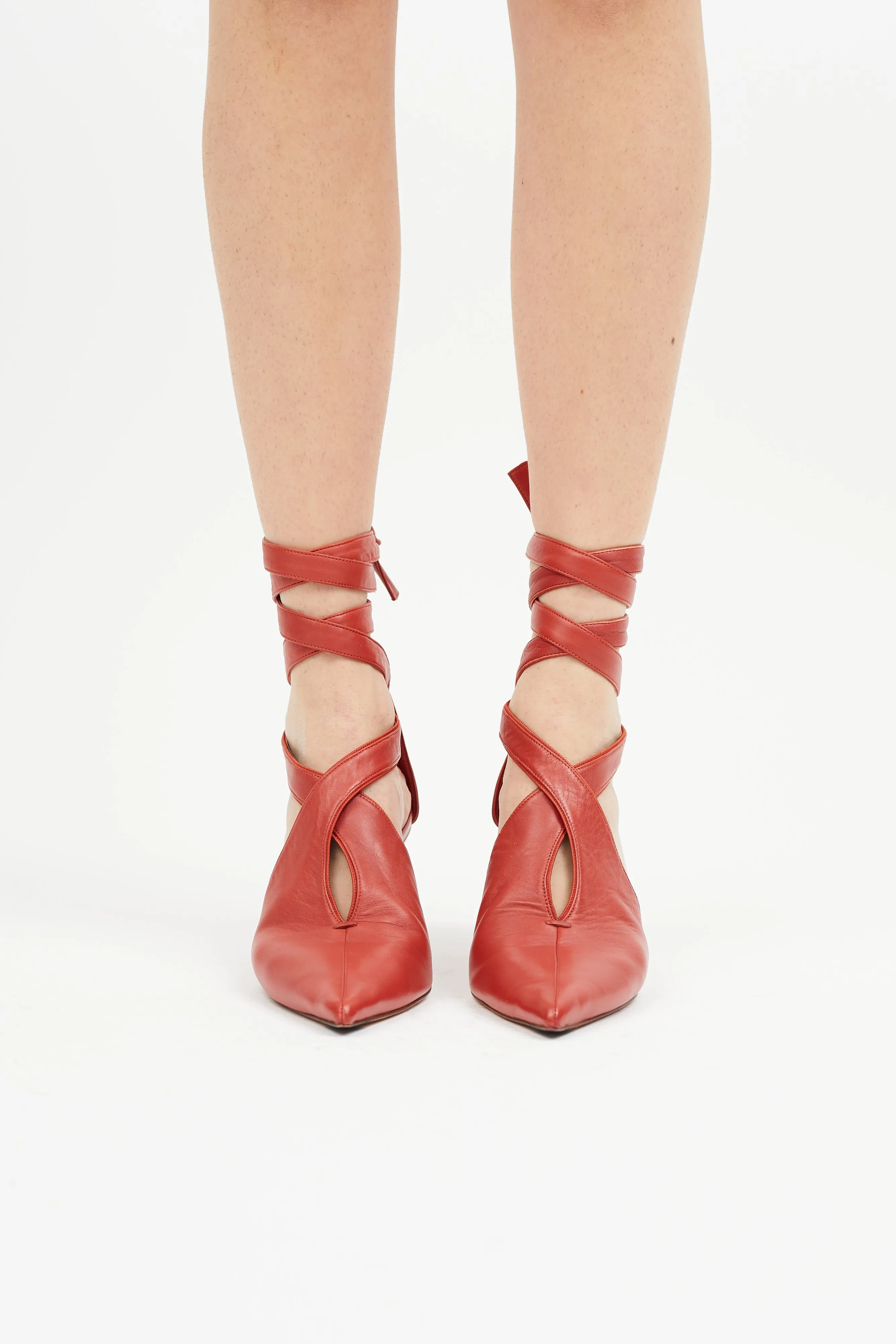 Red Leather Lace Up Heel Pump