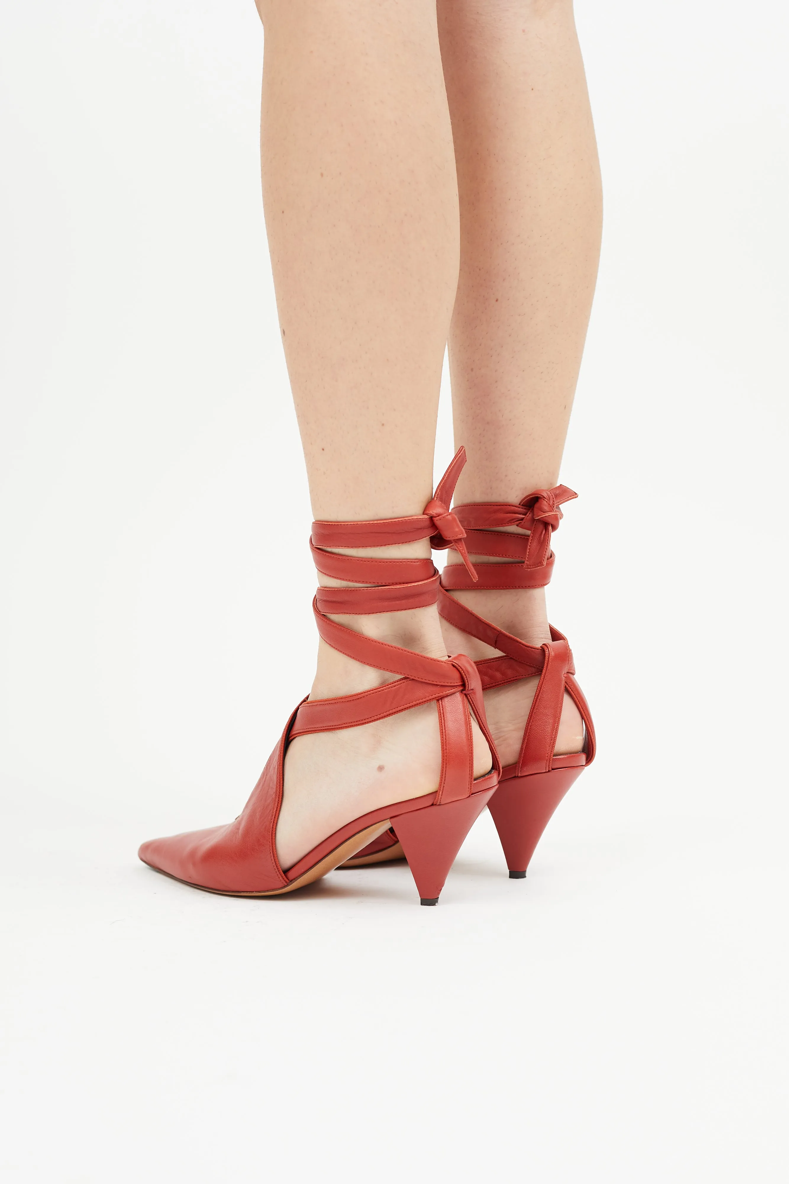 Red Leather Lace Up Heel Pump