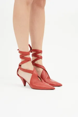 Red Leather Lace Up Heel Pump
