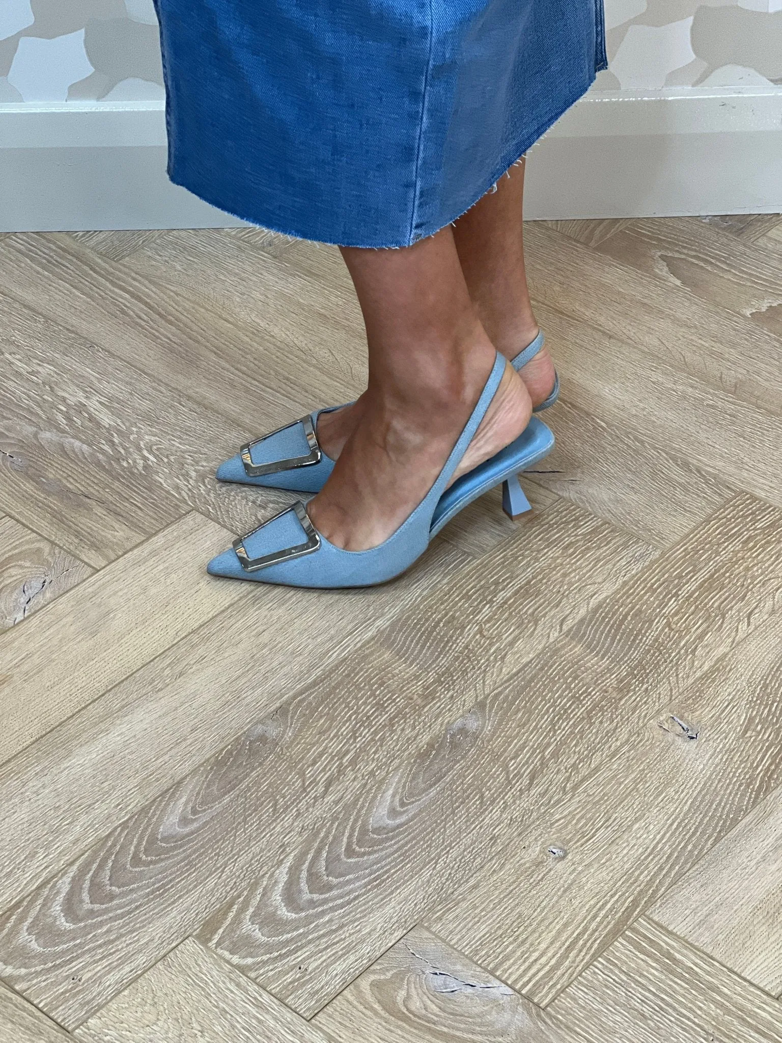 Sadie Buckle Slingback In Light Denim