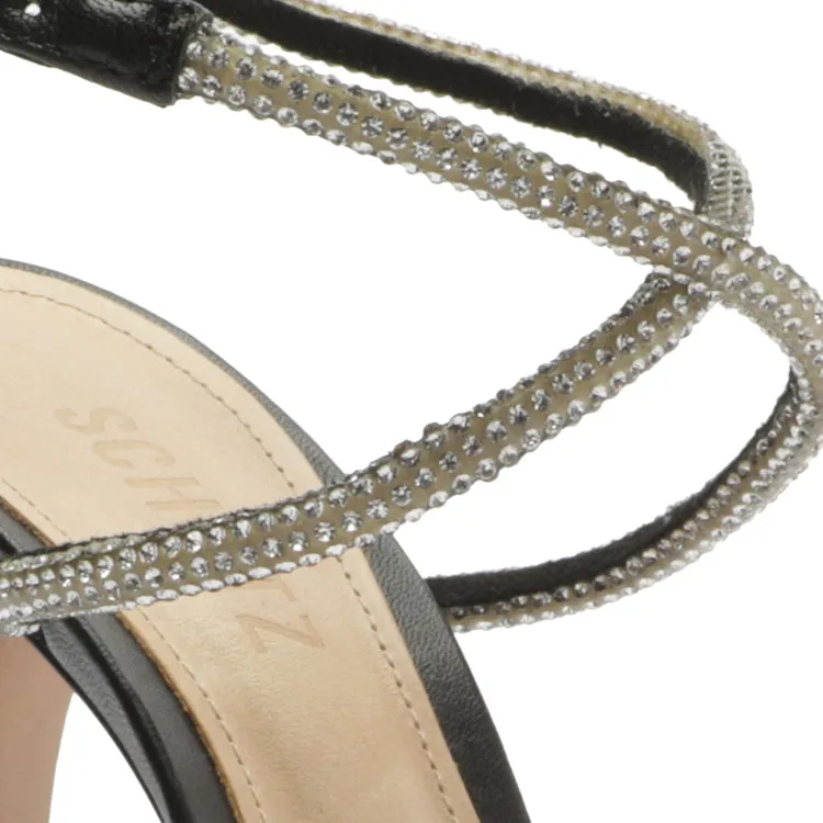 Schutz Louise Black Clear Crystal-Embellished Ankle Strap Open Toe Heel Sandals