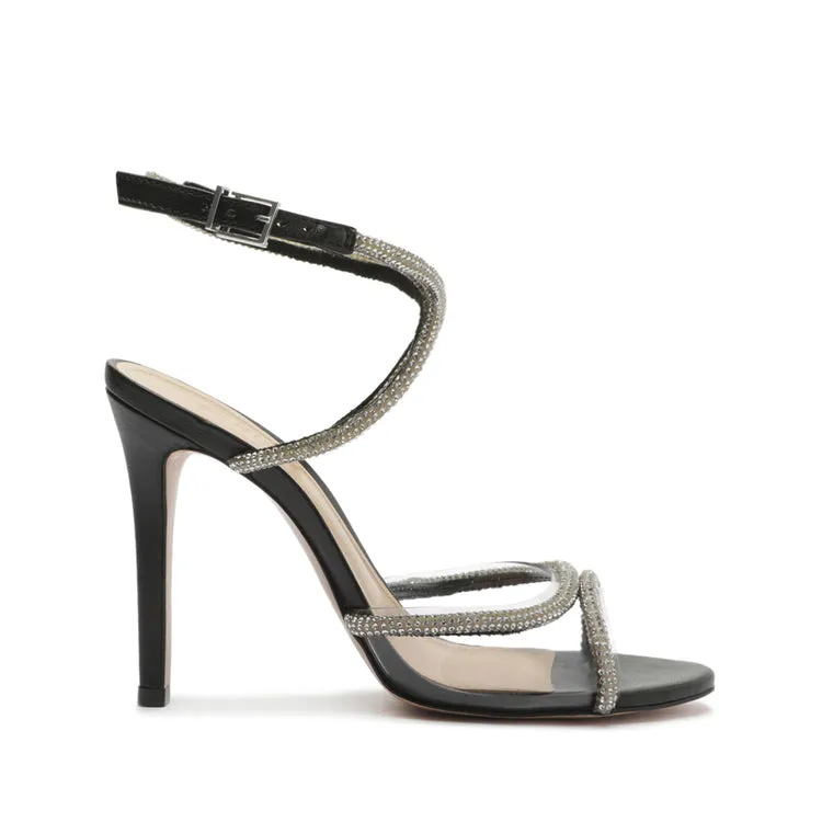 Schutz Louise Black Clear Crystal-Embellished Ankle Strap Open Toe Heel Sandals