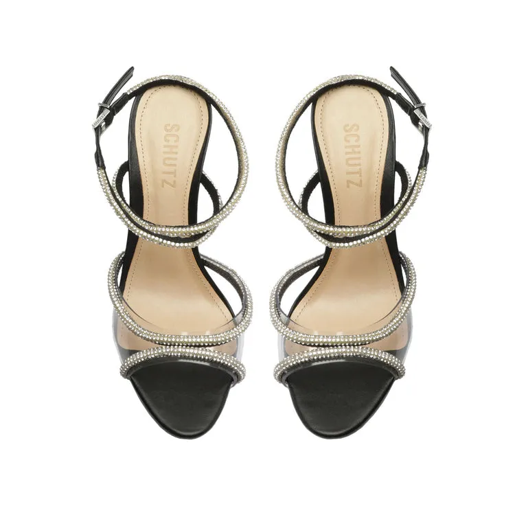 Schutz Louise Black Clear Crystal-Embellished Ankle Strap Open Toe Heel Sandals