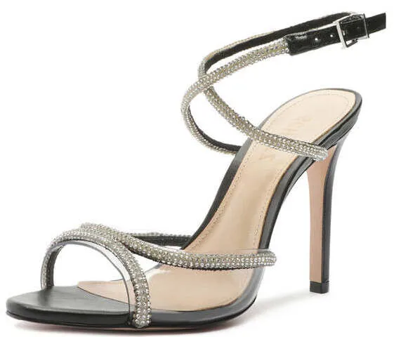 Schutz Louise Black Clear Crystal-Embellished Ankle Strap Open Toe Heel Sandals