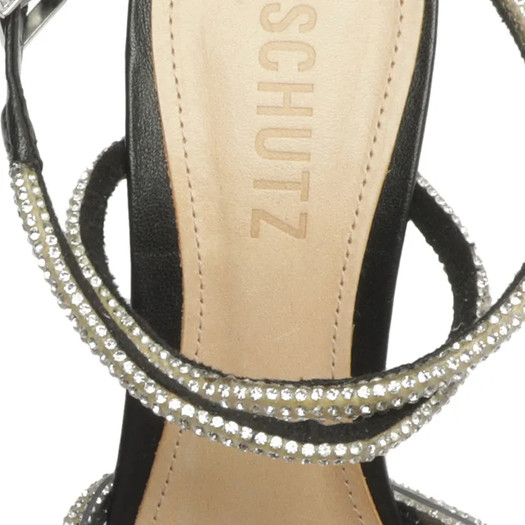 Schutz Louise Black Clear Crystal-Embellished Ankle Strap Open Toe Heel Sandals