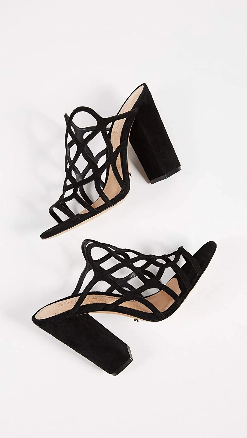 Schutz Nurten Black Suede High Heel Curvy Caged Mule Dress Sandals