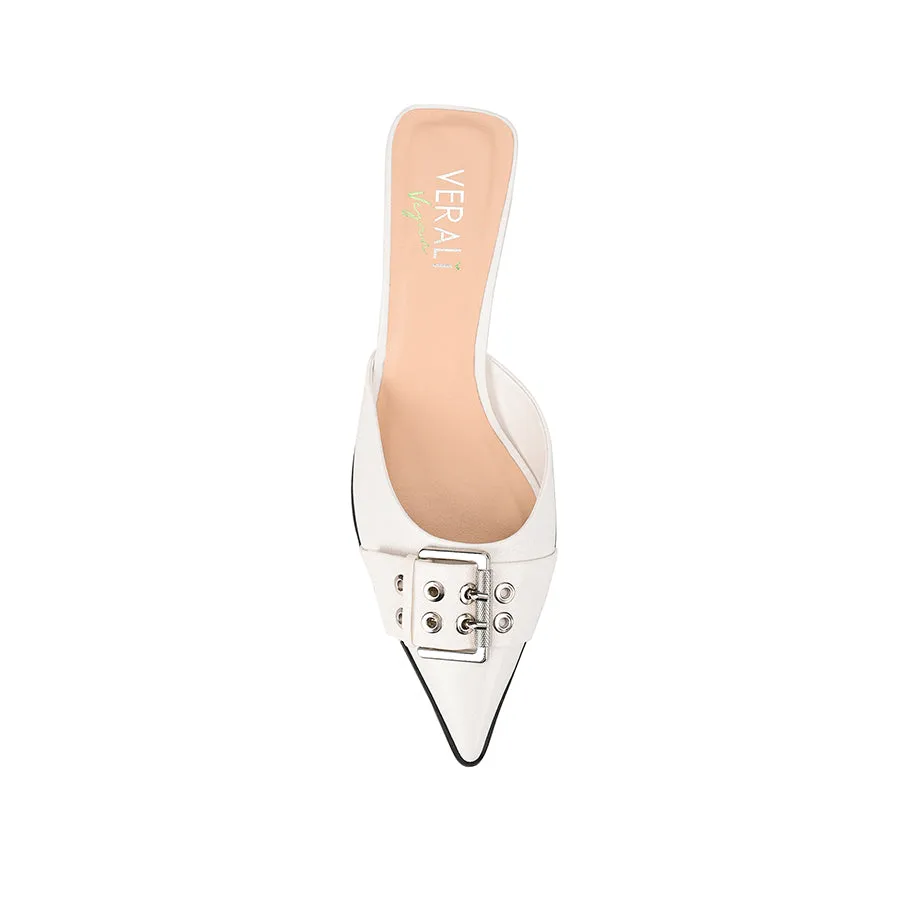 Sez Buckle Stiletto Mules - Chalk White Crinkle