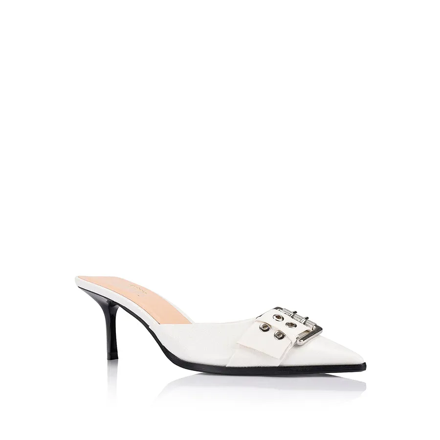 Sez Buckle Stiletto Mules - Chalk White Crinkle