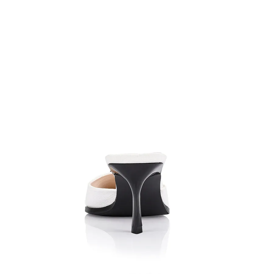 Sez Buckle Stiletto Mules - Chalk White Crinkle