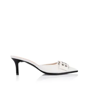 Sez Buckle Stiletto Mules - Chalk White Crinkle