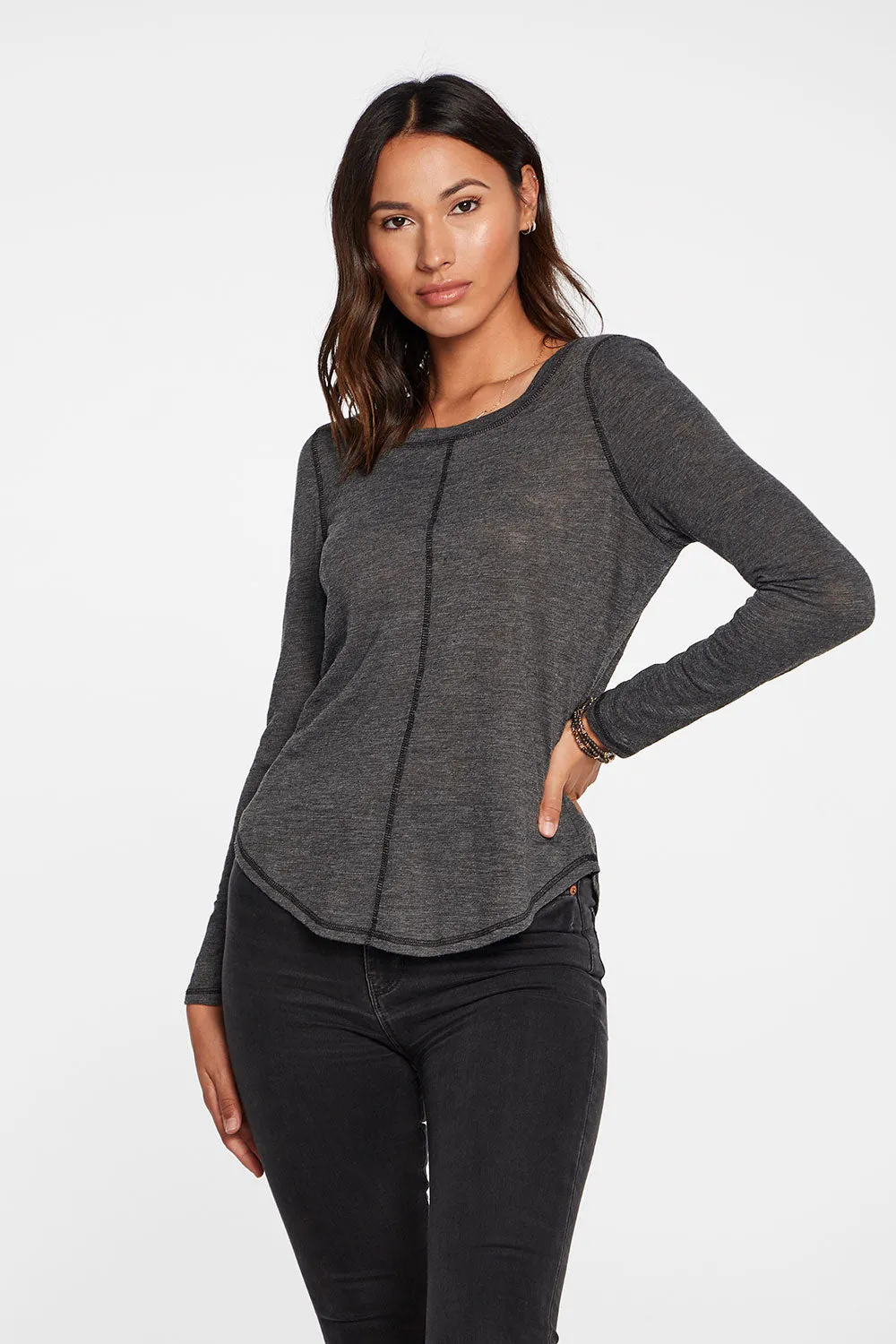 Slub Jersey Long Sleeve Seamed Tee in True Black