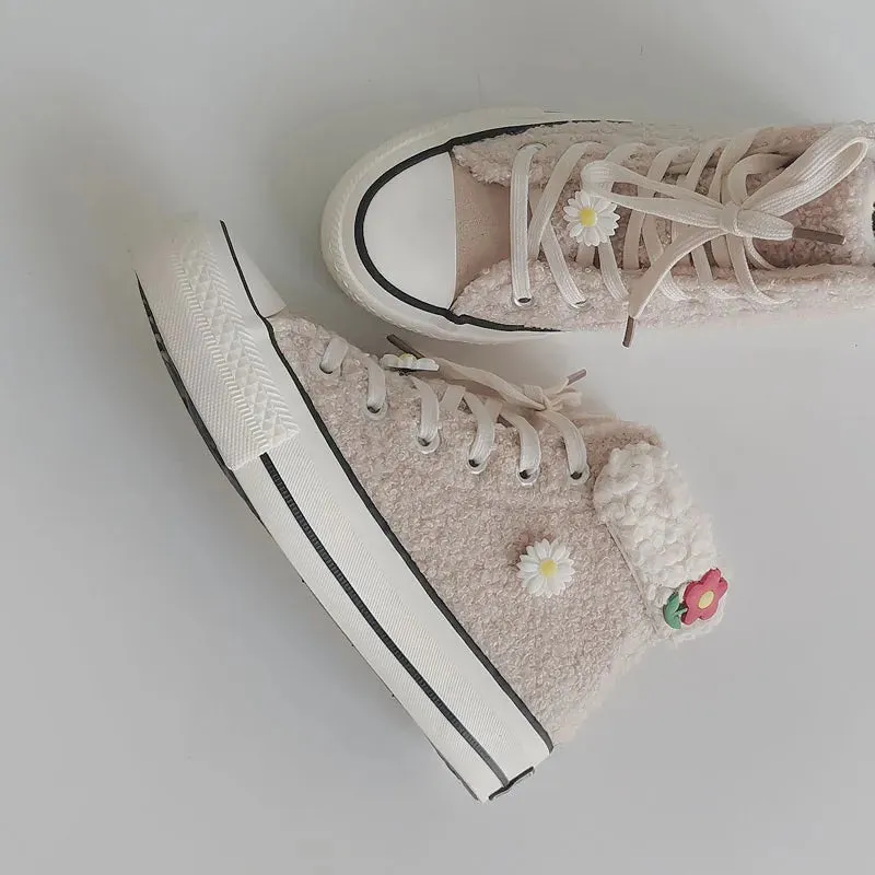 Sohiwoo Cute furry shoes plus velvet canvas shoes for women winter little daisy shoes Winter kawaii girl sweet lolita shoes vintage