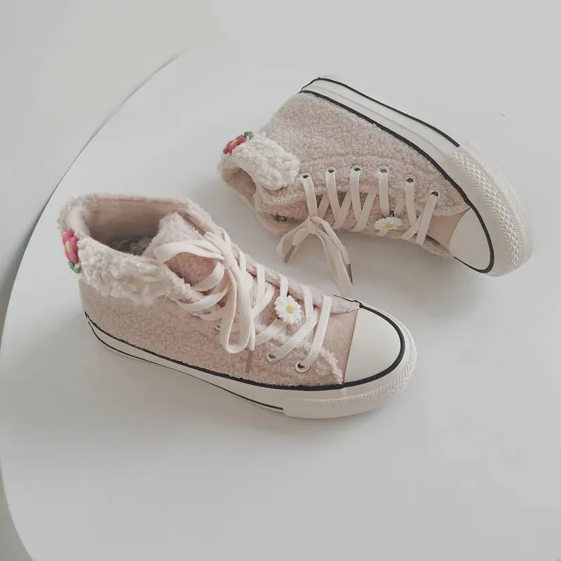 Sohiwoo Cute furry shoes plus velvet canvas shoes for women winter little daisy shoes Winter kawaii girl sweet lolita shoes vintage