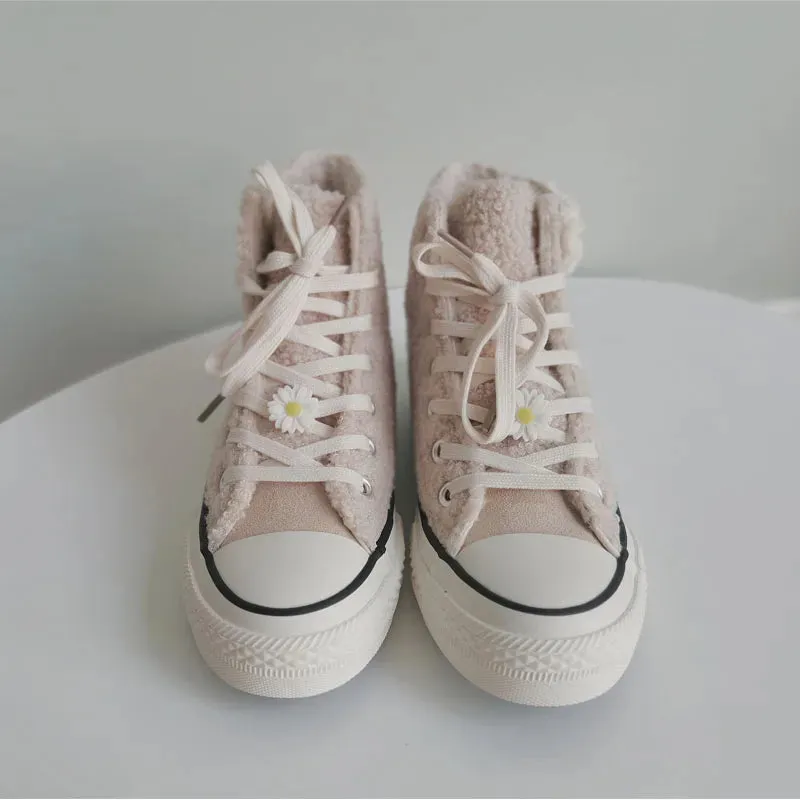 Sohiwoo Cute furry shoes plus velvet canvas shoes for women winter little daisy shoes Winter kawaii girl sweet lolita shoes vintage