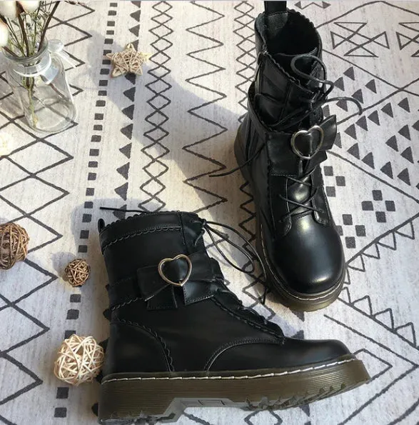 Sohiwoo Vintage Round Head plus Cashmere Women Martin Boots Cute Bowknot Lacing Kawaii Shoes Loli Cosplay Harajuku Sweet Lolita Shoes