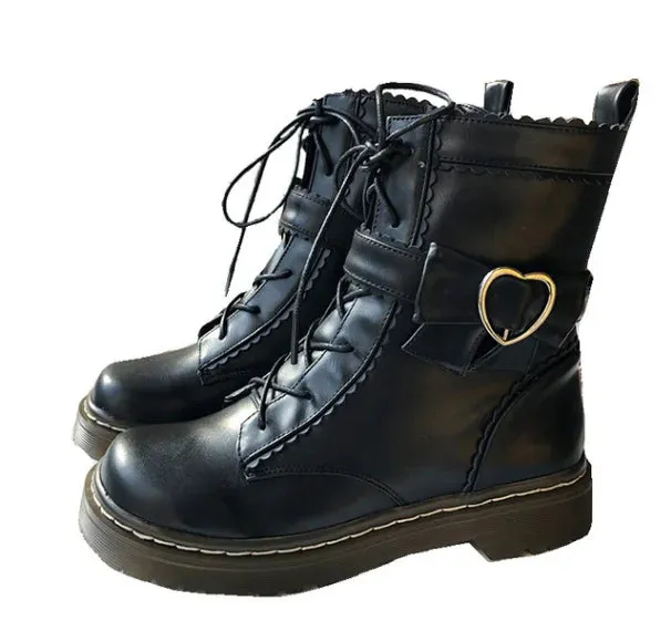 Sohiwoo Vintage Round Head plus Cashmere Women Martin Boots Cute Bowknot Lacing Kawaii Shoes Loli Cosplay Harajuku Sweet Lolita Shoes