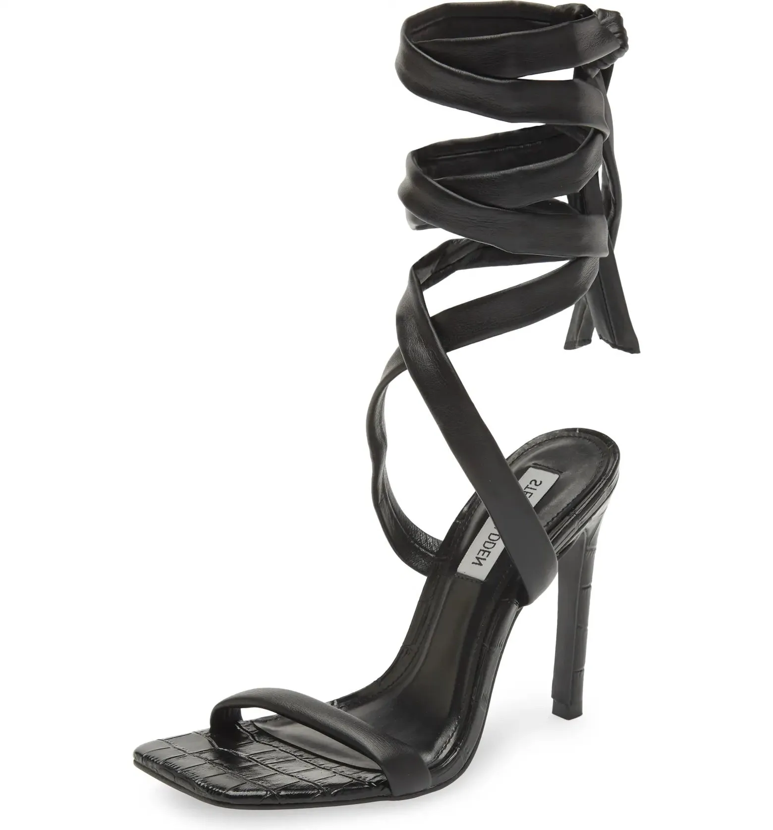 Steve Madden Utilize Black Ankle Wrap Around Lace Up Stiletto Dress Sandals