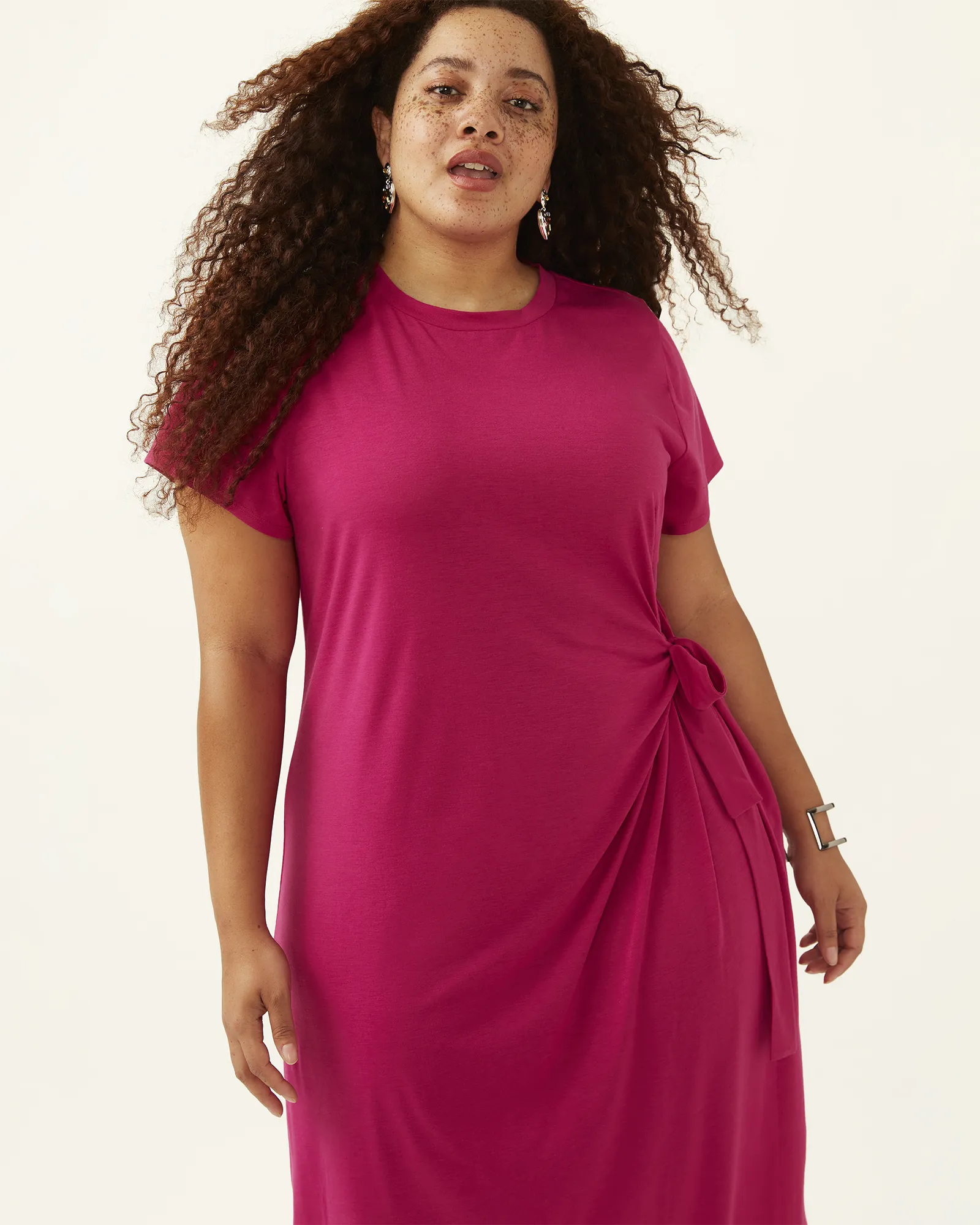 Waverly Cool Girl Side Tie Midi Dress | Deep Fuchsia