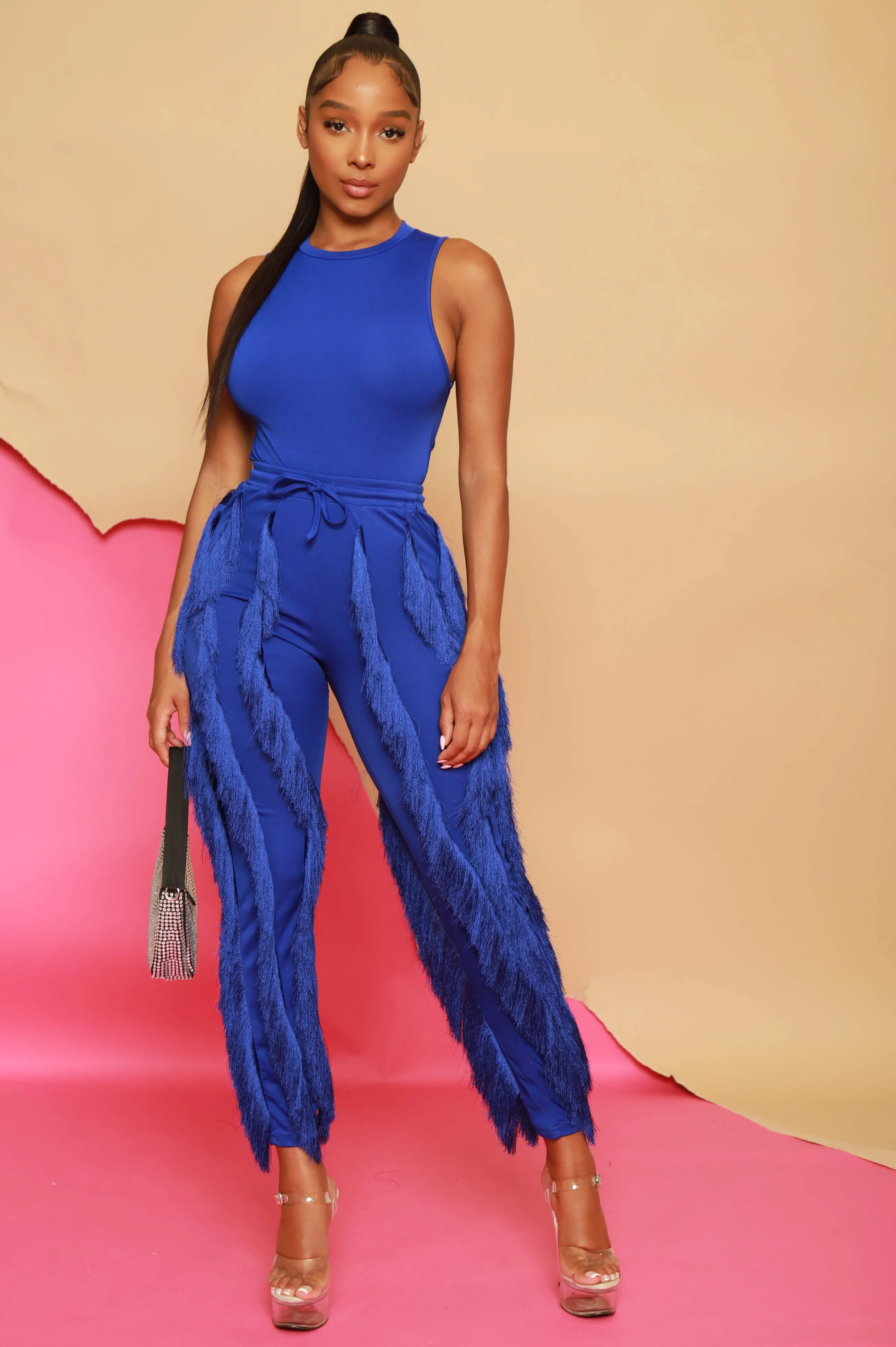 Weightless Sleeveless Fringe Pants Set - Royal Blue