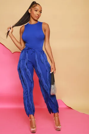 Weightless Sleeveless Fringe Pants Set - Royal Blue