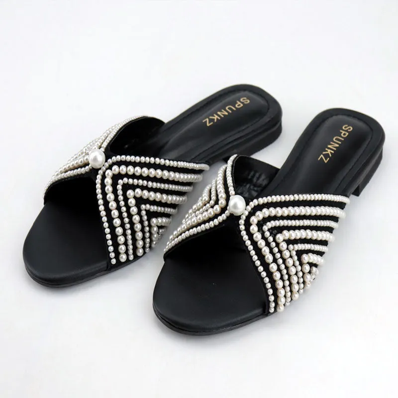 White Pearls Flat Sandals for Women
