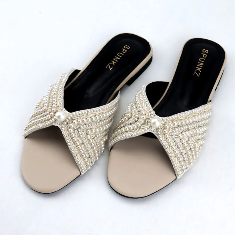White Pearls Flat Sandals for Women