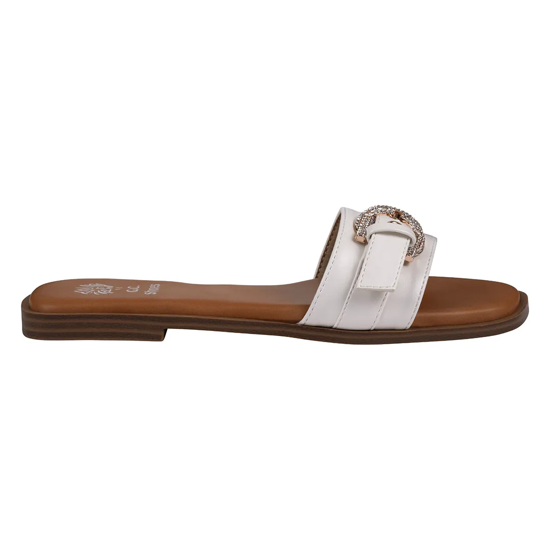Women's Kenna White Embellished Buckle Flat Sandals