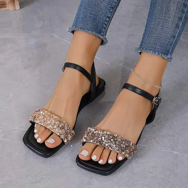 Women's Square-Toe Flat Sandals with Shimmering Detail 56309125C